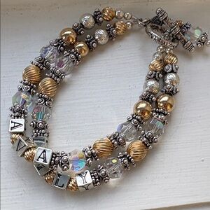 NWT Swarovski crystal, Sterling, gold double strand name bracelet